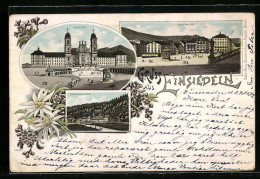 Lithographie Einsiedeln, Kloster, Frauenkloster, Hauptplatz  - Einsiedeln