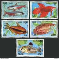 Cambodia 1197-1201, 1202, MNH. Michel 1273-1277, 1278 Bl.188. Fish-1992. - Cambogia