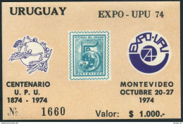 Uruguay 893a,1000 P Souvenir Sheet, MNH. EXPO-UPU 1974. UPU-100. - Uruguay