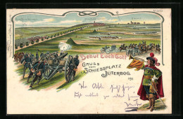 Lithographie Jüterbog, Schiessplatz Und Soldaten Mit Kanonen, Im Hintergrund Altes Und Neues Barackenlager Mit Zieldo  - Jueterbog