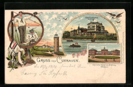 Lithographie Cuxhaven, Hotel Continental, Christian Goerne Stiftung Duhnen, Leuchtturm Und Seepavillon  - Cuxhaven