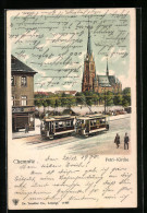 Lithographie Chemnitz, Petri-Kirche, Strassenbahn  - Strassenbahnen