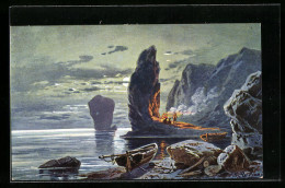 Künstler-AK Friedrich Perlberg: Lagerfeuer Auf Einem Felsen Am Meer  - Perlberg, F.