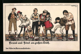Künstler-AK Hela Peters: Kinder Lassen Boote Auf Teich Fahren, Freund Und Feind Am Grossen Teich, Kinder Kriegspropag  - Guerre 1914-18