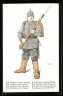 Künstler-AK P. O. Engelhard (P.O.E.): Feldgrauer Mit Pickelhaube Fürchtet Keinen Feind  - Guerre 1914-18