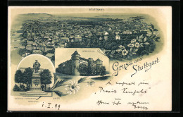 Lithographie Stuttgart, Generalansicht Der Stadt, Das Alte Schloss, Das Herzog Christoph Denkmal  - Stuttgart