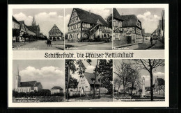 AK Schifferstadt, Gr. Kirchenstrasse, Burgstrasse, Laurentiuskirche M. Schwesternhaus, Mariensäule M. Zimmerplatz  - Schifferstadt