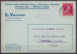 CP "Manufacture De Brosses Pour La Peinture Et L'industrie Verachtert" Affr. N°428 Càpt LIER /15-4-1941 Pour ISSOUDUN (F - Oorlog 40-45 (Brieven En Documenten)
