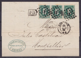 L. Affr. Bande 3x N°30 Lpts "12" Càd ANVERS /21 DEC 1871 Pour MONTPELLIER - [P.D.] & Càd Passage "BELG. A ERQUELINNES" ( - 1869-1883 Leopold II.