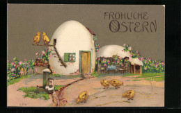 AK Fröhliche Ostern, Häuschen Aus Eierschalen Mit Küken  - Pasen
