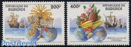 Burundi 1992 Discovery Of America 2v, Mint NH, History - Nature - Transport - Various - Explorers - Fruit - Ships And .. - Erforscher