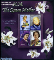 Palau 2002 Death Of Queen Mother 4v M/s, Mint NH, History - Nature - Kings & Queens (Royalty) - Flowers & Plants - Familias Reales