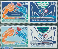 France 1994 Channel Tunnel 2x2v, Joint Issue Great Britain, Mint NH, Nature - Transport - Various - Poultry - Railways.. - Unused Stamps