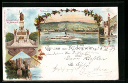 Lithographie Rüdesheim, Panorama Mit Dampfer, Burg Rheinstein  - Ruedesheim A. Rh.