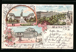 Lithographie München, Ruhmeshalle & Bavaria, Hof- Und Nationaltheater  - Theater