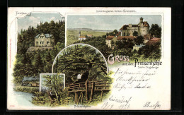 Lithographie Hartenstein / Sächs. Erzgebirge, Schönburg'sches Schloss Hartenstein, Forsthaus, Prinzenhöhle  - Jacht