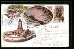 Lithographie Kyffhäuser, Kaiser-Wilhelm-Denkmal, Reiter-Standbild, Barbarossa Höhle, Engel  - Kyffhäuser