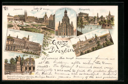 Lithographie Dresden, Frauenkirche, Zwingerteich, Zwinger, Sophienkirche, Gemäldegalerie, Denkmal Friedrich August  - Dresden