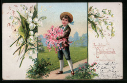 AK Junge Mit Blumen Zum Geburtstag  - Anniversaire