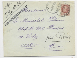 PETAIN 1FR50 LETTRE LEVIER DOUBS 4.9.1942 + GRIFFE AMBULANT PONTARLIER A PARIS 2° ADRESSEE MARECHAL PETAIN RARE - Railway Post