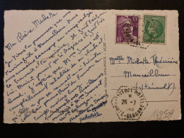 CP LOURDES TP M DE GANDON 10F + CERES DE MAZELIN 2F OBL. HEXAGONALE Tiretée 26-7 1949 IZAUT DE L'HOTEL HAUTE-GARONNE (31 - Manual Postmarks