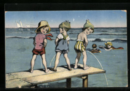 AK Drei Kinder Am Meer Urinieren Ins Wasser  - Humour