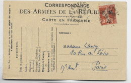 FM SEMEUSE 10C CARTE FRANCHISE DES ARMEES REPUBLIQUE RENNES GARE 19.5.1920 - Militaire Zegels