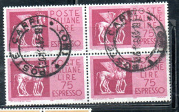 ITALIA REPUBBLICA ITALY 1958 1966 ESPRESSI ESPRESSO SPECIAL DELIVERY CAVALLI ALATI LIRE 75 QUARTINA BLOCK USATO USED - Eilpost/Rohrpost