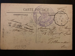 CP ACHERES + CACHET VIOLET COMMISSAIRE MILITAIRE DE LA GARE D'ACHERES (78)+ CONVOYEUR 8-8 15 NANTES A PARIS (44 75) - WW I