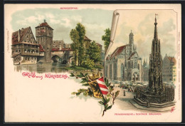 Lithographie Nürnberg, Partie Am Henkersteg, Frauenkirche Und Schöner Brunnen, Wappen  - Nuernberg