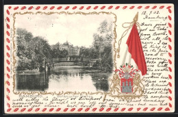 Passepartout-Lithographie Hamburg-St.Pauli, Botanischer Garten Mit Brücke, Fahne Und Wappen  - Mitte