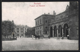 AK Ansbach, Bahnhof Und Postamt  - Ansbach