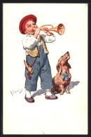 Künstler-AK Karl Feiertag: Kleiner Mann Mit Trompete Und Dackel  - Dogs