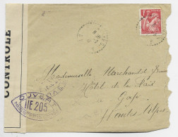 FRANCE IRIS 1FR ROUGE LETTRE ?? DROME 1941 POUR HAUTES ALPES CENSURE OUVERT NE 205 - WW II