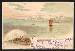 Lithographie Friedrichshafen, Bergpanorama Mit Bodensee, Uferpartie Mit Kirche  - Friedrichshafen