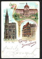 Lithographie Strassburg, Kaiserpalast, Altes Haus, Dom  - Other & Unclassified