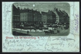 Lithographie Strassburg, Gutenberg-Platz, Tramway Tracté Par Des Chevaux  - Other & Unclassified