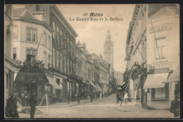 AK Mons, La Grand` Rue Et Le Beffroi, Coiffeur Léon Navez  - Mons
