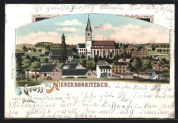 Lithographie Niederbobritzsch, Ortspartie Mit Kirche  - Sonstige & Ohne Zuordnung