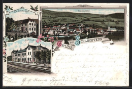 Lithographie Schlüchtern, Gasthaus Zum Deutschen Kaiser, Bahnhof, Teilansicht  - Schlüchtern