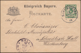 Bayern Postkarte P 44/03 Von SCHWANDORF 15.11.1897 N. HALL In Württemberg 15.11. - Ganzsachen