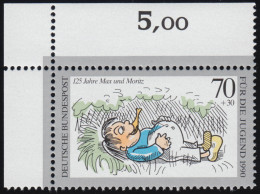 1456 Jugend Max Und Moritz 70+30 Pf ** Ecke O.l. - Unused Stamps