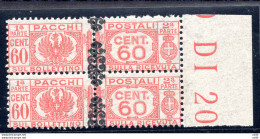 Pacchi Postali Cent. 60 Fregio Coppia Soprastampa Spostata In Basso - Ungebraucht