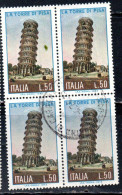 ITALIA REPUBBLICA ITALY REPUBLIC 1973 LA TORRE DI PISA TOWER LIRE 50 QUARTINA BLOCK USATO USED OBLITERE' - 1971-80: Used