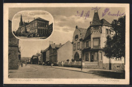 AK Sprendlingen /Rheinhessen, Schulhaus Und Katholische Kirche, Schulstrasse Mit Passanten  - Autres & Non Classés