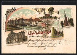 Lithographie Oldenburg I. Gr., Theater, Am Stau, Siegessäule A. D. Friedensplatz  - Théâtre