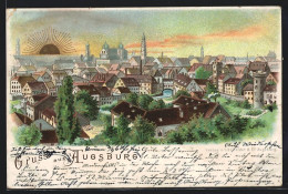 Lithographie Augsburg, Totalansicht Mit Goldener Sonne  - Autres & Non Classés