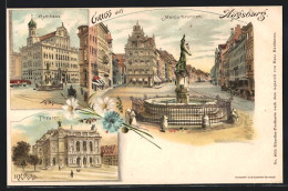 Lithographie Augsburg, Rathaus, Mercurbrunnen, Theater  - Théâtre