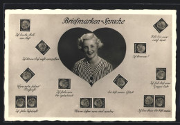 AK Briefmarkensprache, Porträt Einer Jungen Frau Im Herzrahmen  - Timbres (représentations)