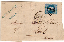 1869  CAD T 17 De LILLE  G C 2046 Repiquage "  HUGOT & LAFARGE LILLE " Envoyé à LUNEL - 1849-1876: Période Classique